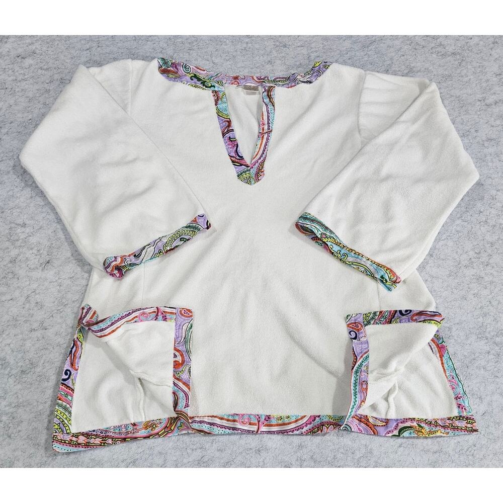 Milly Cabana Cover up, Terry Cloth, Split Hem, V Neck, Colorful Hems, Warm, Sz L